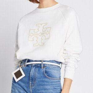 Tory Burch HEAVY FRENCH TERRY LOGO CREWNECK Sweater Sweatshirt White XS